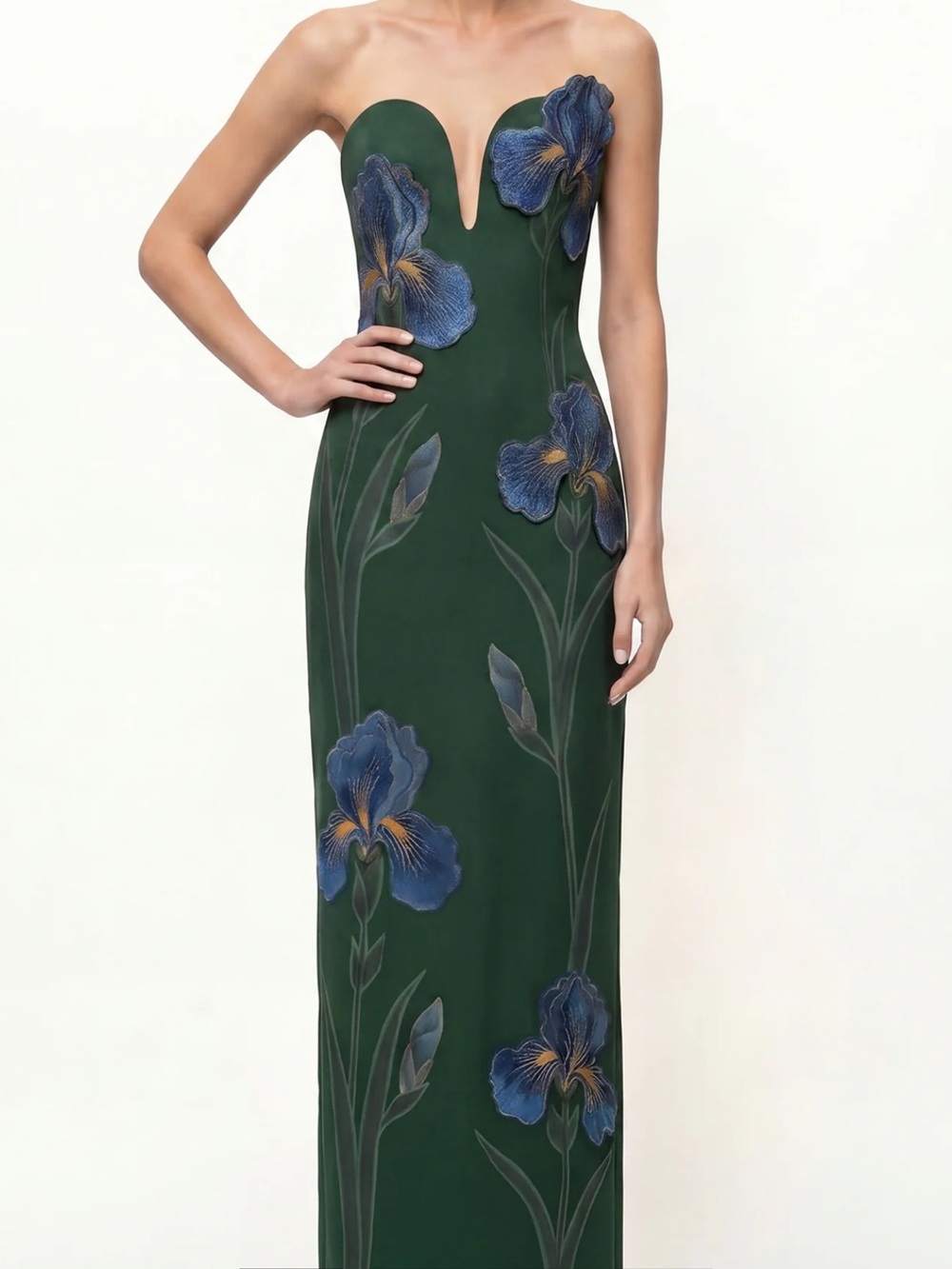 JW PEI Strapless Forest Green Gown with Blue Floral Appliqués